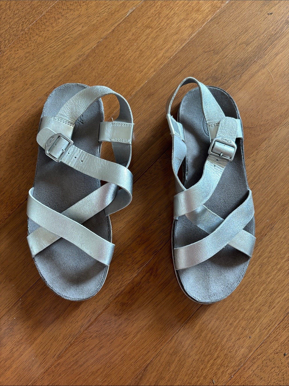 Chaco Metallic Silver Cross-Strap Sandals